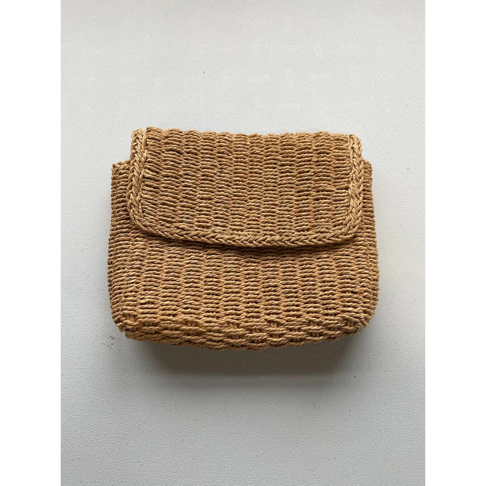 Vintage Tan Straw Rattan Clutch Bag Natural Boho Purse magnetic closure lined